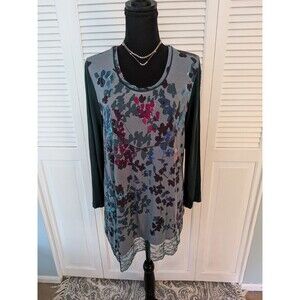 LOGO by Lori Goldstein Top Women's L Gray Green Lace Floral Watercolor Tunic Tee